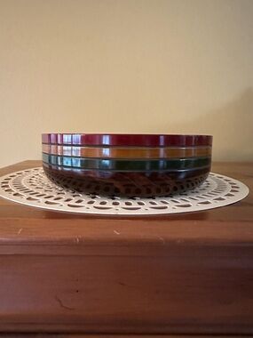 Multicolor Striped Ceramic Serving Bowl - Deep Red, Green, Mustard